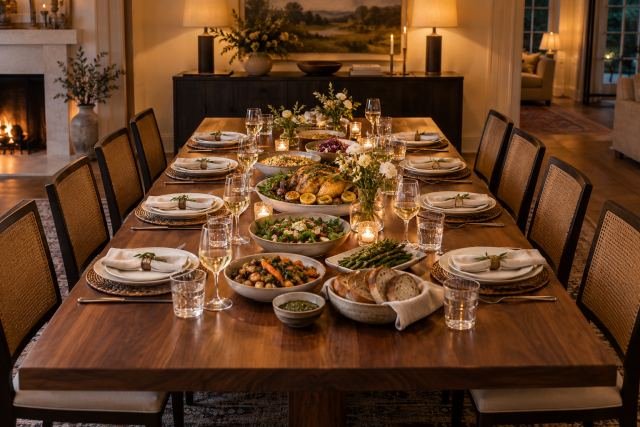 A dinner table set for eight