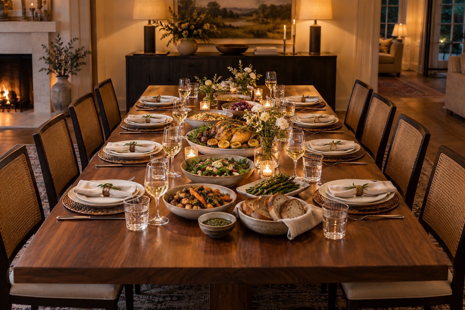 A dinner table set for eight